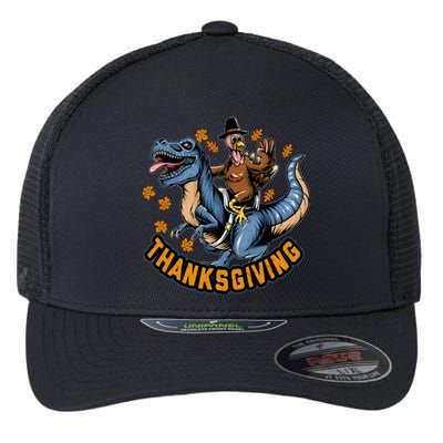 Thanksgiving Turkey Sitting On Dinosaur T Rex Cool Gift Flexfit Unipanel Trucker Cap