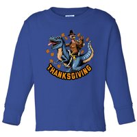 Thanksgiving Turkey Sitting On Dinosaur T Rex Cool Gift Toddler Long Sleeve Shirt