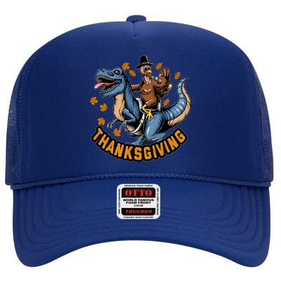 Thanksgiving Turkey Sitting On Dinosaur T Rex Cool Gift High Crown Mesh Back Trucker Hat