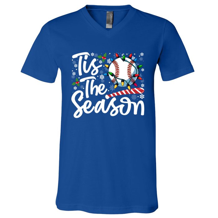 Tis The Season Baseball Christmas Snowflakes Lights Xmas Gift V-Neck T-Shirt