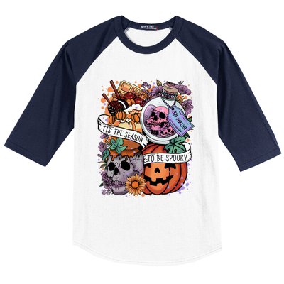 Tis The Season To Be Spooky Skull Pumpkin Halloween Costume Gift Baseball Sleeve Shirt