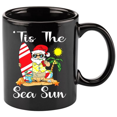 Tis The Sea Sun Christmas In July Santa Surfing Lake Party 11oz C Handle Ceramic Mug