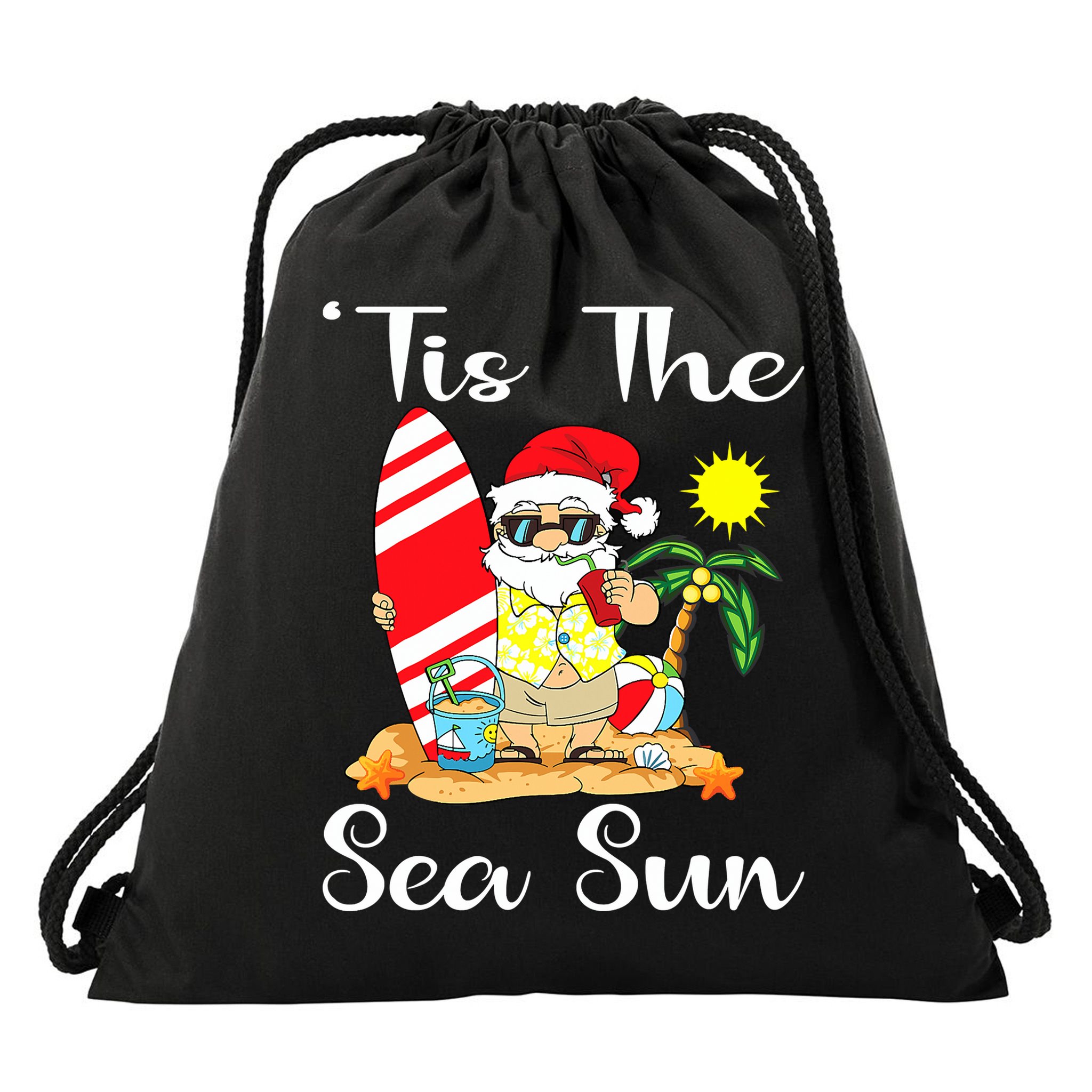 Tis The Sea Sun Christmas In July Santa Surfing Lake Party Drawstring Bag