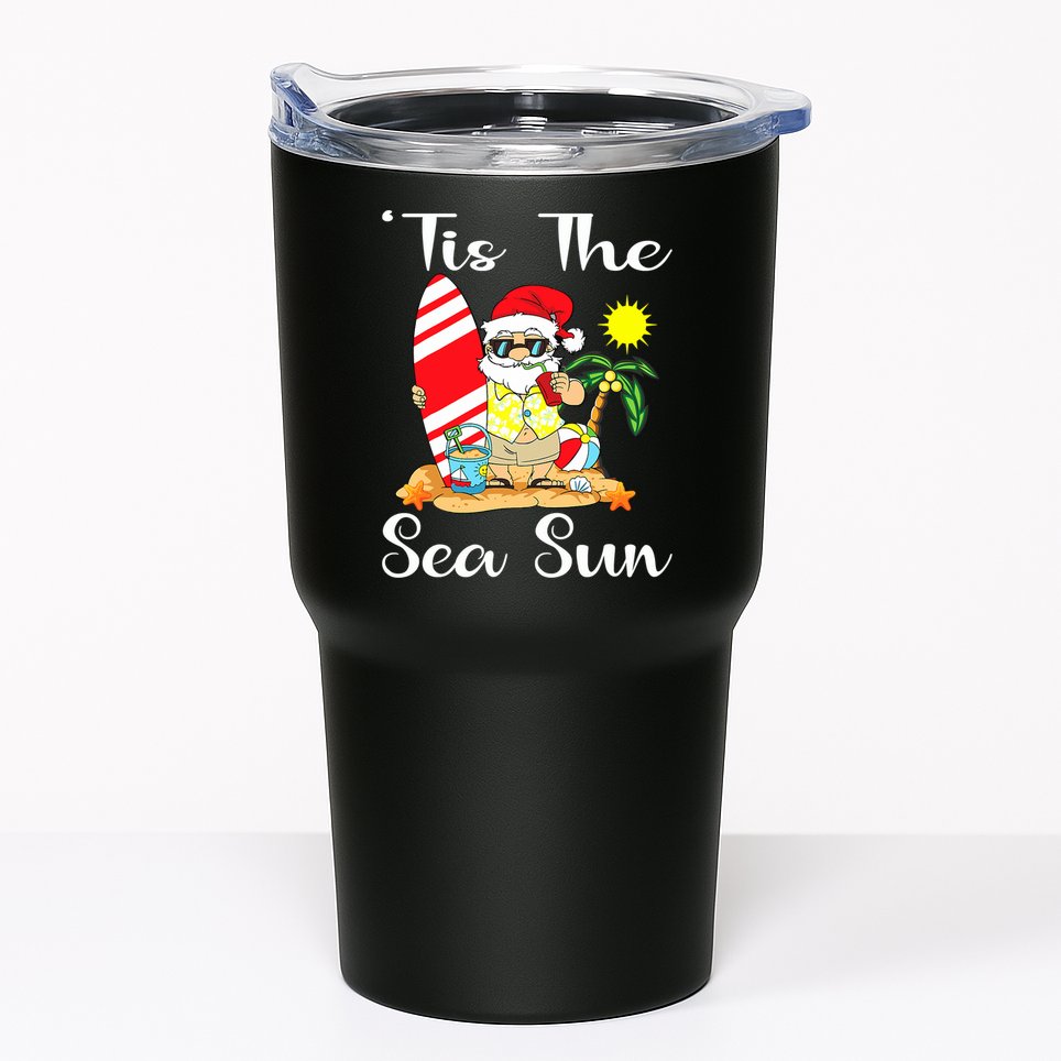 Tis The Sea Sun Christmas In July Santa Surfing Lake Party Tumbler