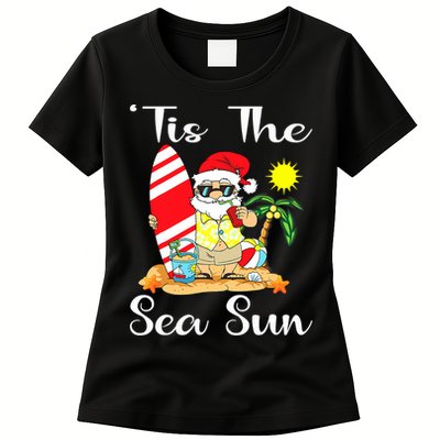 Tis The Sea Sun Christmas In July Santa Surfing Lake Party Womens T-Shirt