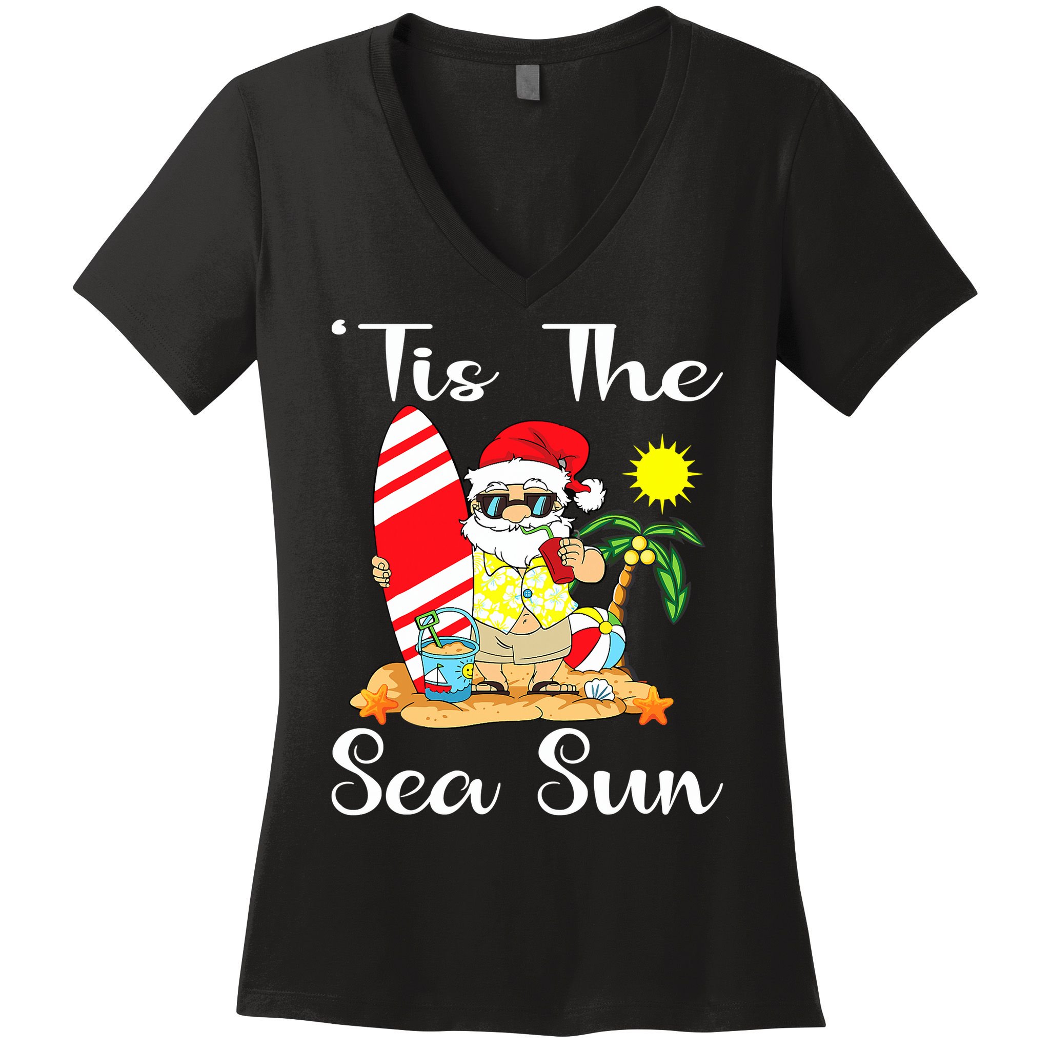 Tis The Sea Sun Christmas In July Santa Surfing Lake Party Women's V-Neck T-Shirt