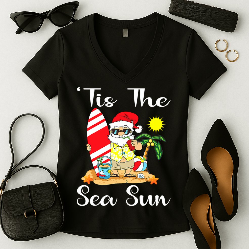 Tis The Sea Sun Christmas In July Santa Surfing Lake Party Women's V-Neck T-Shirt