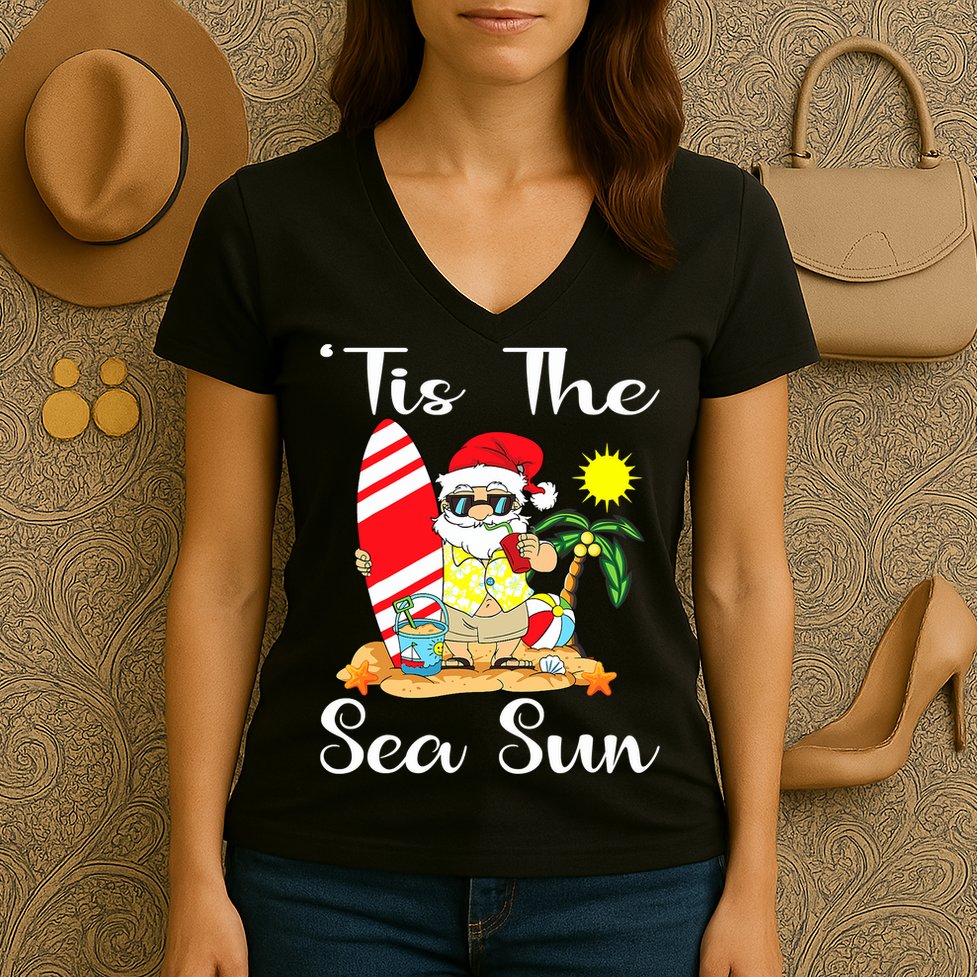 Tis The Sea Sun Christmas In July Santa Surfing Lake Party Women's V-Neck T-Shirt