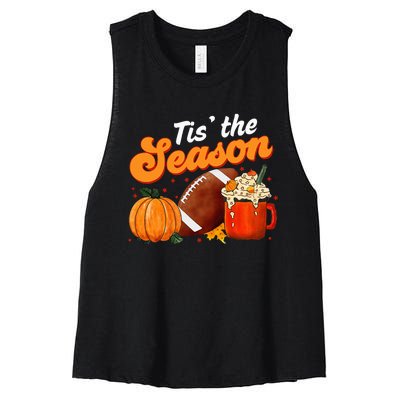 Tis The Season Pumpkin Spice Latte Halloween Fall Football Women's Racerback Cropped Tank