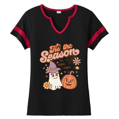 Tis The Season Fall Season Autumn Ghost Pumpkin Halloween Costume Ladies Halftime Notch Neck Tee