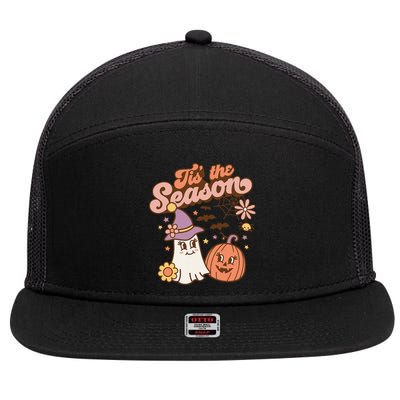 Tis The Season Fall Season Autumn Ghost Pumpkin Halloween Costume 7 Panel Mesh Trucker Snapback Hat