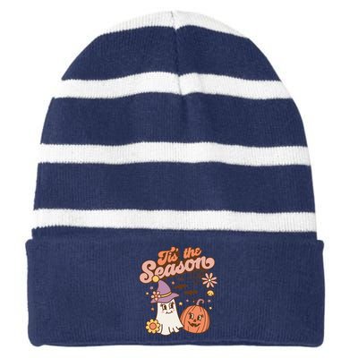 Tis The Season Fall Season Autumn Ghost Pumpkin Halloween Costume Striped Beanie with Solid Band