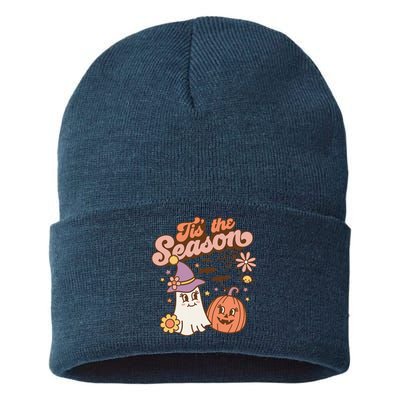 Tis The Season Fall Season Autumn Ghost Pumpkin Halloween Costume Sustainable Knit Beanie