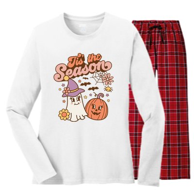 Tis The Season Fall Season Autumn Ghost Pumpkin Halloween Costume Women's Long Sleeve Flannel Pajama Set 