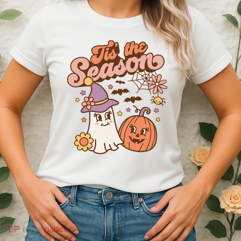 Tis The Season Fall Season Autumn Ghost Pumpkin Halloween Costume Womens T-Shirt