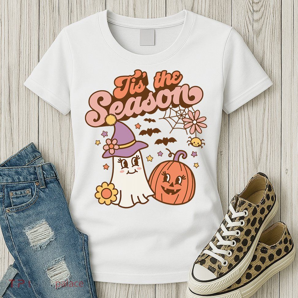 Tis The Season Fall Season Autumn Ghost Pumpkin Halloween Costume Womens T-Shirt