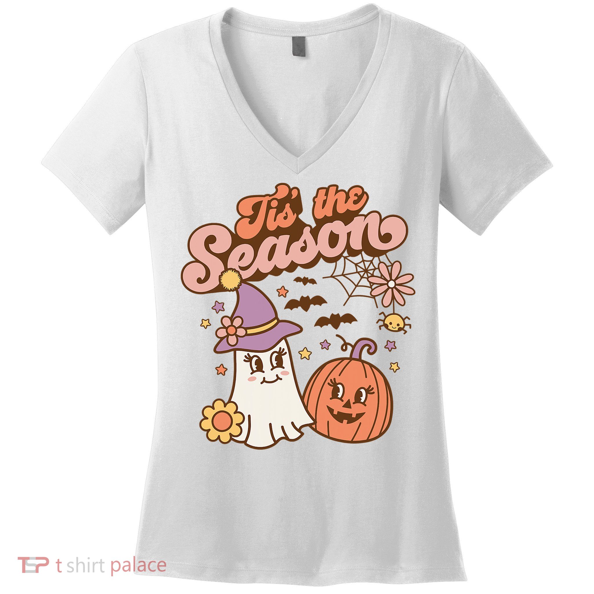 Tis The Season Fall Season Autumn Ghost Pumpkin Halloween Costume Women's V-Neck T-Shirt