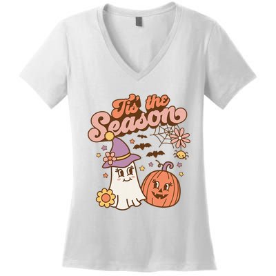 Tis The Season Fall Season Autumn Ghost Pumpkin Halloween Costume Women's V-Neck T-Shirt