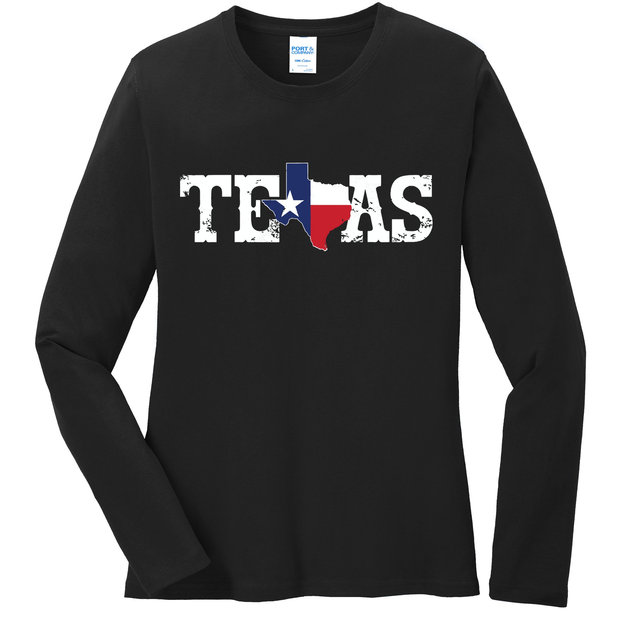 Texas Texas Shaped Flag Grunge Distressed Texas Ladies Long Sleeve Shirt