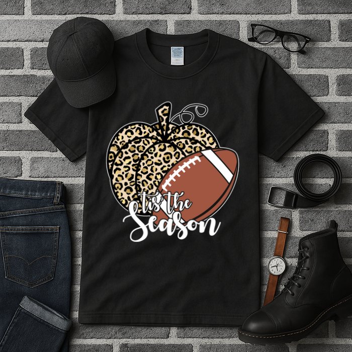 Tis The Season Leopard Pumpkin Football Fall Autumn Tall T-Shirt