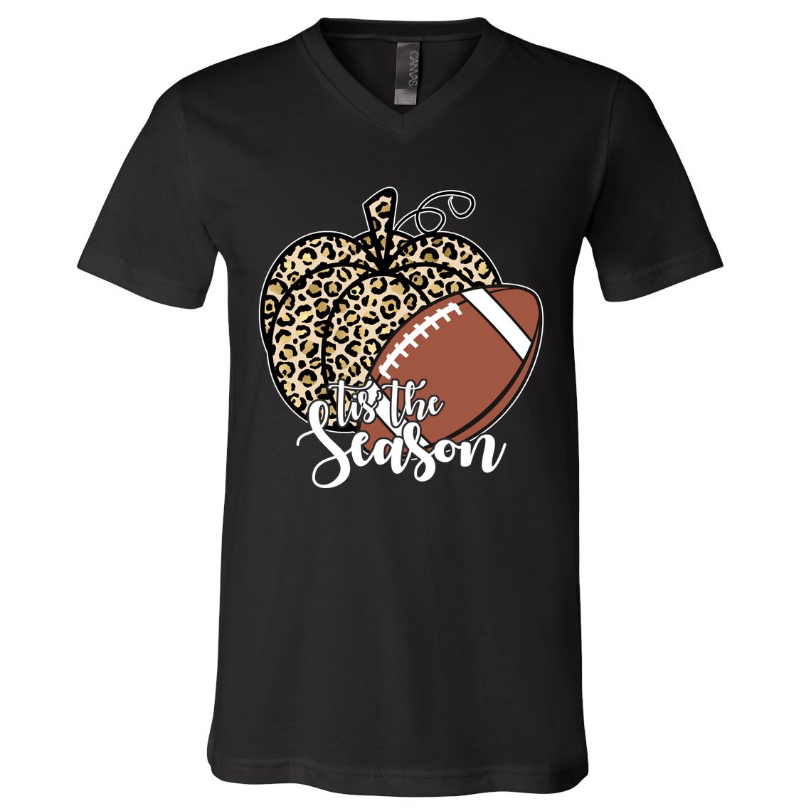 Tis The Season Leopard Pumpkin Football Fall Autumn V-Neck T-Shirt