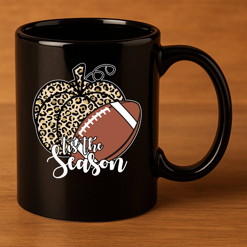 Tis The Season Leopard Pumpkin Football Fall Autumn 11oz C Handle Ceramic Mug