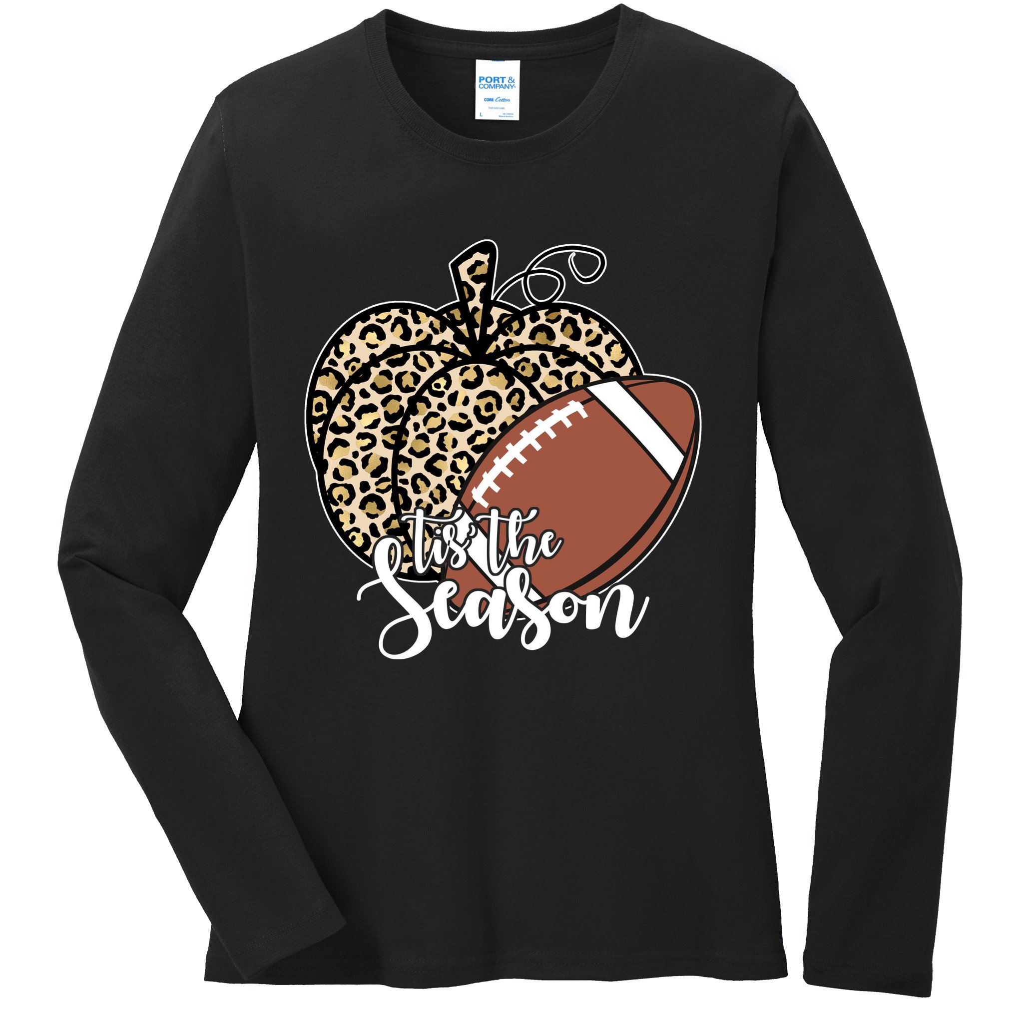 Tis The Season Leopard Pumpkin Football Fall Autumn Ladies Long Sleeve Shirt