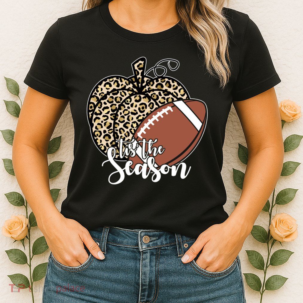 Tis The Season Leopard Pumpkin Football Fall Autumn Womens T-Shirt