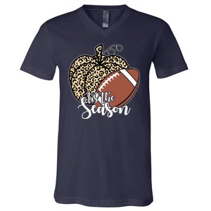 Tis The Season Leopard Pumpkin Football Fall Autumn V-Neck T-Shirt