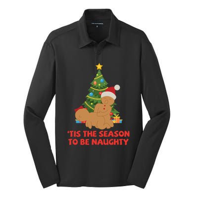 Tis The Season To Be Naughty Gingerbread Couple Christmas Gift Silk Touch Performance Long Sleeve Polo