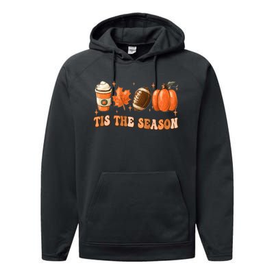 Tis The Season Pumpkin Leaf Latte Fall Thanksgiving Football Performance Fleece Hoodie