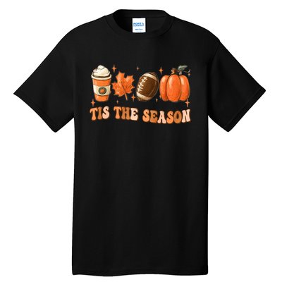 Tis The Season Pumpkin Leaf Latte Fall Thanksgiving Football Tall T-Shirt