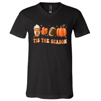 Tis The Season Pumpkin Leaf Latte Fall Thanksgiving Football V-Neck T-Shirt