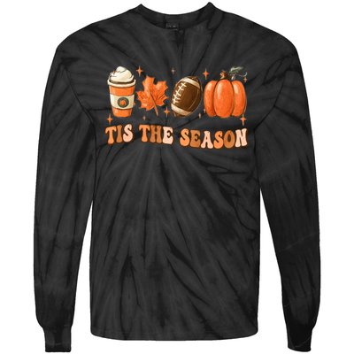 Tis The Season Pumpkin Leaf Latte Fall Thanksgiving Football Tie-Dye Long Sleeve Shirt