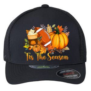 Tis The Season Pumpkin Leaf Latte Fall Thanksgiving Football Flexfit Unipanel Trucker Cap