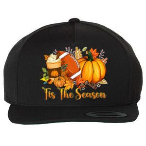 Tis The Season Pumpkin Leaf Latte Fall Thanksgiving Football Wool Snapback Cap