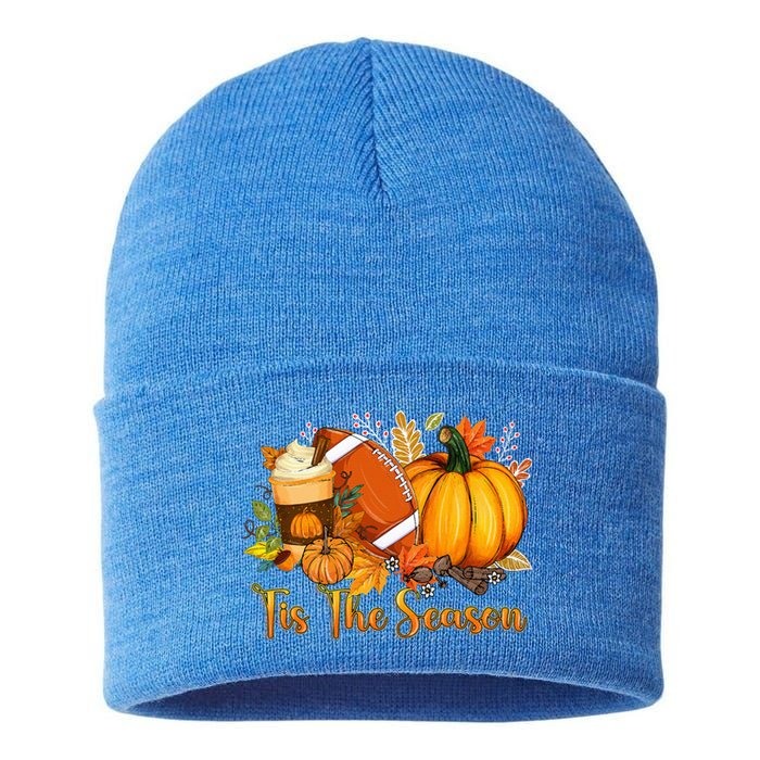 Tis The Season Pumpkin Leaf Latte Fall Thanksgiving Football Sustainable Knit Beanie