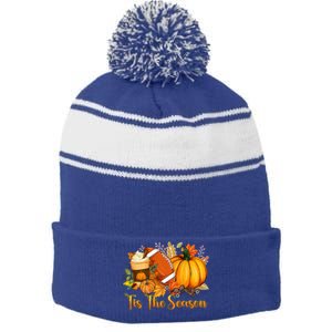 Tis The Season Pumpkin Leaf Latte Fall Thanksgiving Football Stripe Pom Pom Beanie