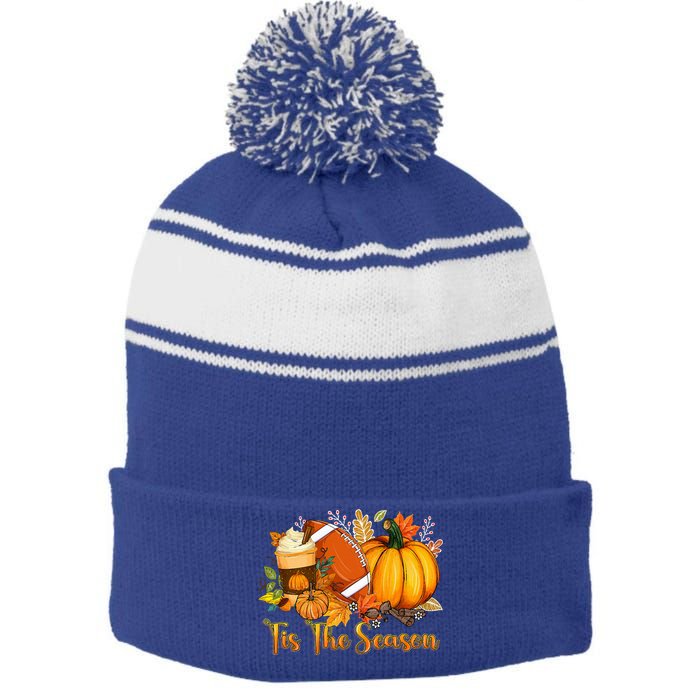 Tis The Season Pumpkin Leaf Latte Fall Thanksgiving Football Stripe Pom Pom Beanie