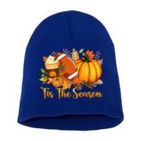 Tis The Season Pumpkin Leaf Latte Fall Thanksgiving Football Short Acrylic Beanie