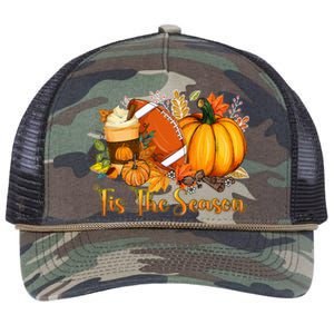 Tis The Season Pumpkin Leaf Latte Fall Thanksgiving Football Retro Rope Trucker Hat Cap