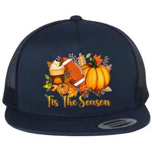 Tis The Season Pumpkin Leaf Latte Fall Thanksgiving Football Flat Bill Trucker Hat