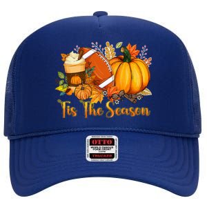 Tis The Season Pumpkin Leaf Latte Fall Thanksgiving Football High Crown Mesh Back Trucker Hat