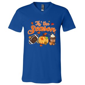 Tis The Season Pumpkin Leaf Fall Autumn Latte Football Gift V-Neck T-Shirt