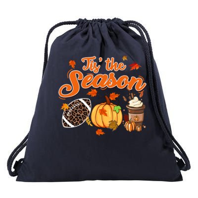 Tis The Season Pumpkin Leaf Fall Autumn Latte Football Gift Drawstring Bag