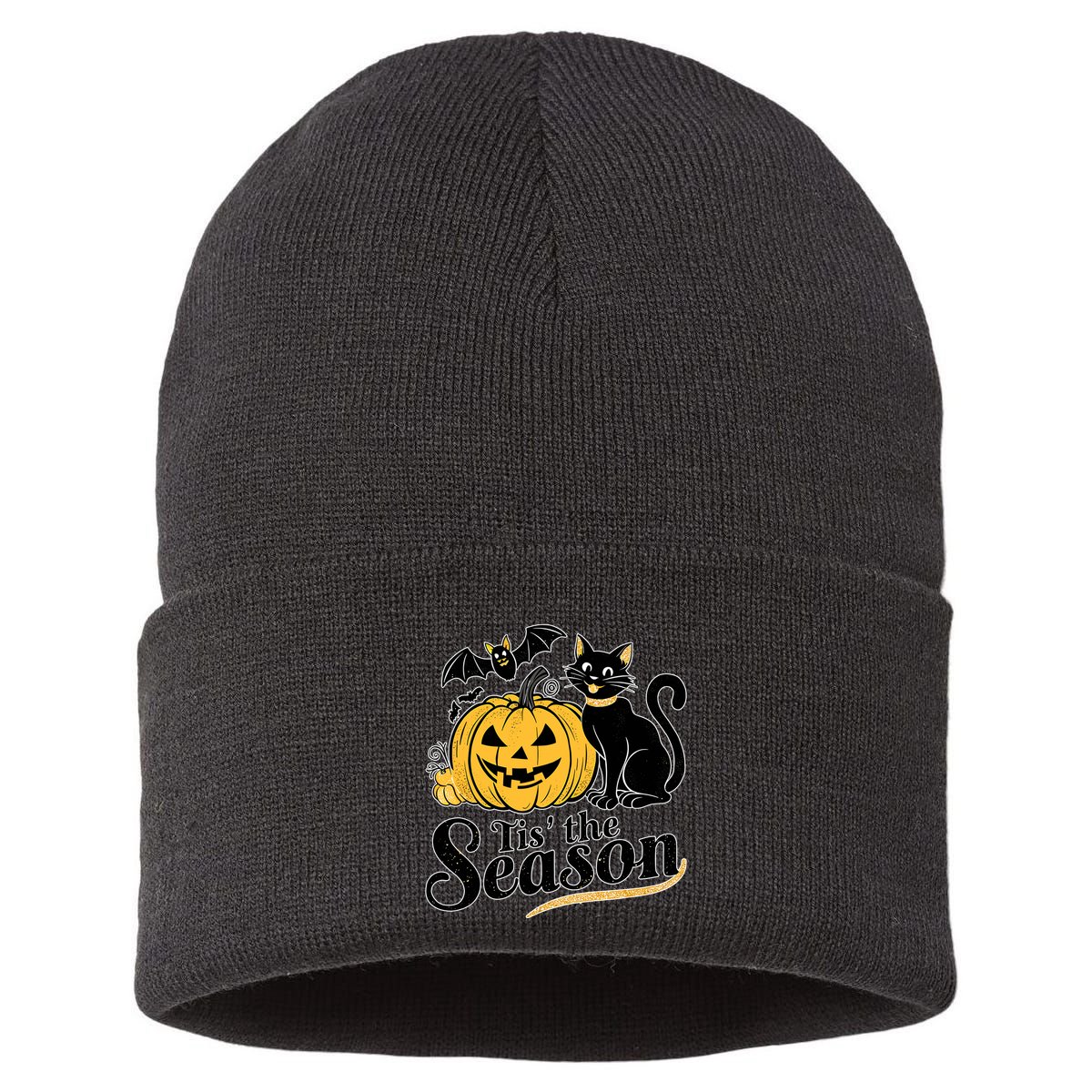 Tis The Season Halloween Bats Pumpkin Fall Funny Cute Sustainable Knit Beanie