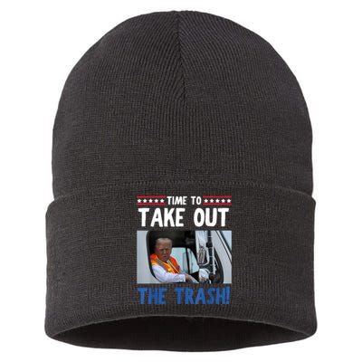 Time To Take Out The Trash Funny Trump Garbage Truck Sustainable Knit Beanie