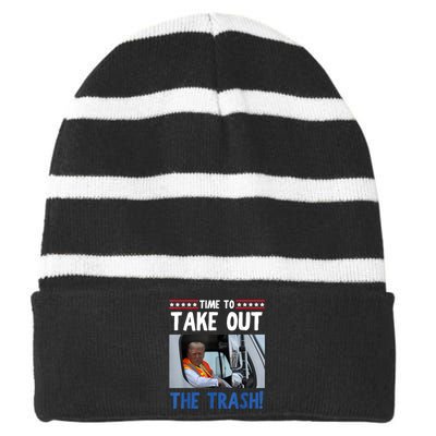 Time To Take Out The Trash Funny Trump Garbage Truck Striped Beanie with Solid Band