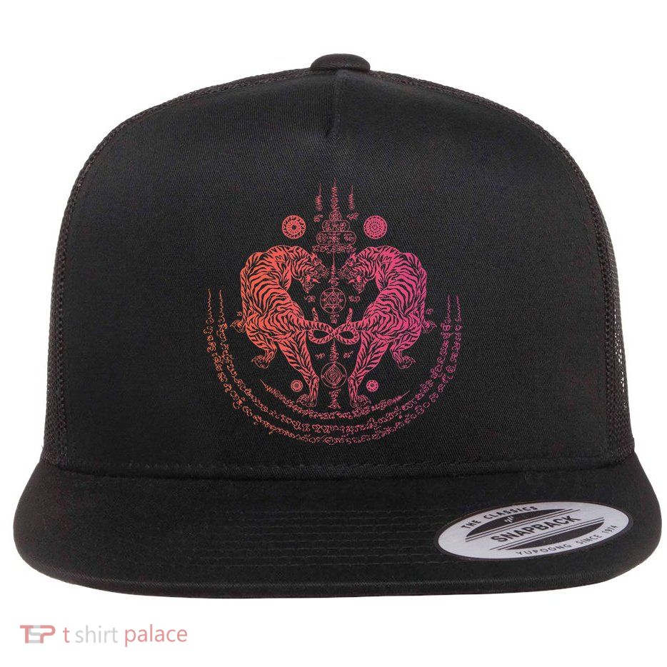 Thai Tattoo Twin Tiger Sak Yant Muay Thai Thailand Flat Bill Trucker Hat