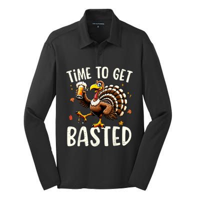 Turkey Time To Get Basted Funny Happy Thanksgiving Silk Touch Performance Long Sleeve Polo